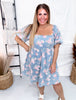 Floral Print Washed Denim Mini Dress With Balloon Sleeves - Whiskey Skies - BIBI