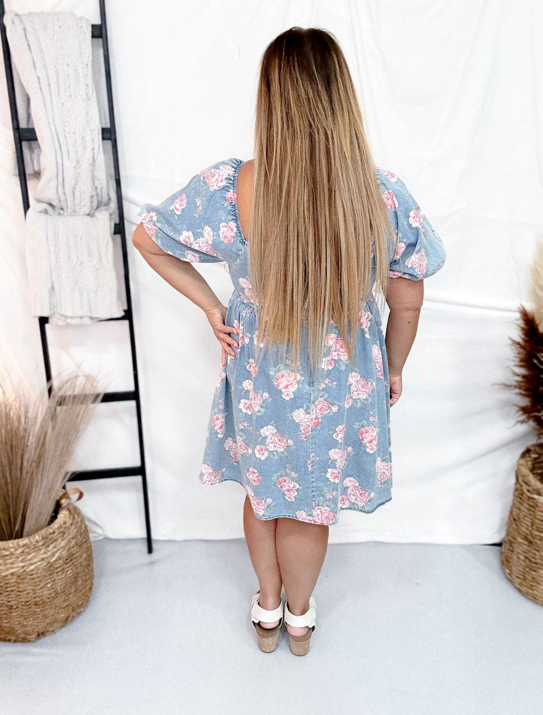 Floral Print Washed Denim Mini Dress With Balloon Sleeves - Whiskey Skies - BIBI