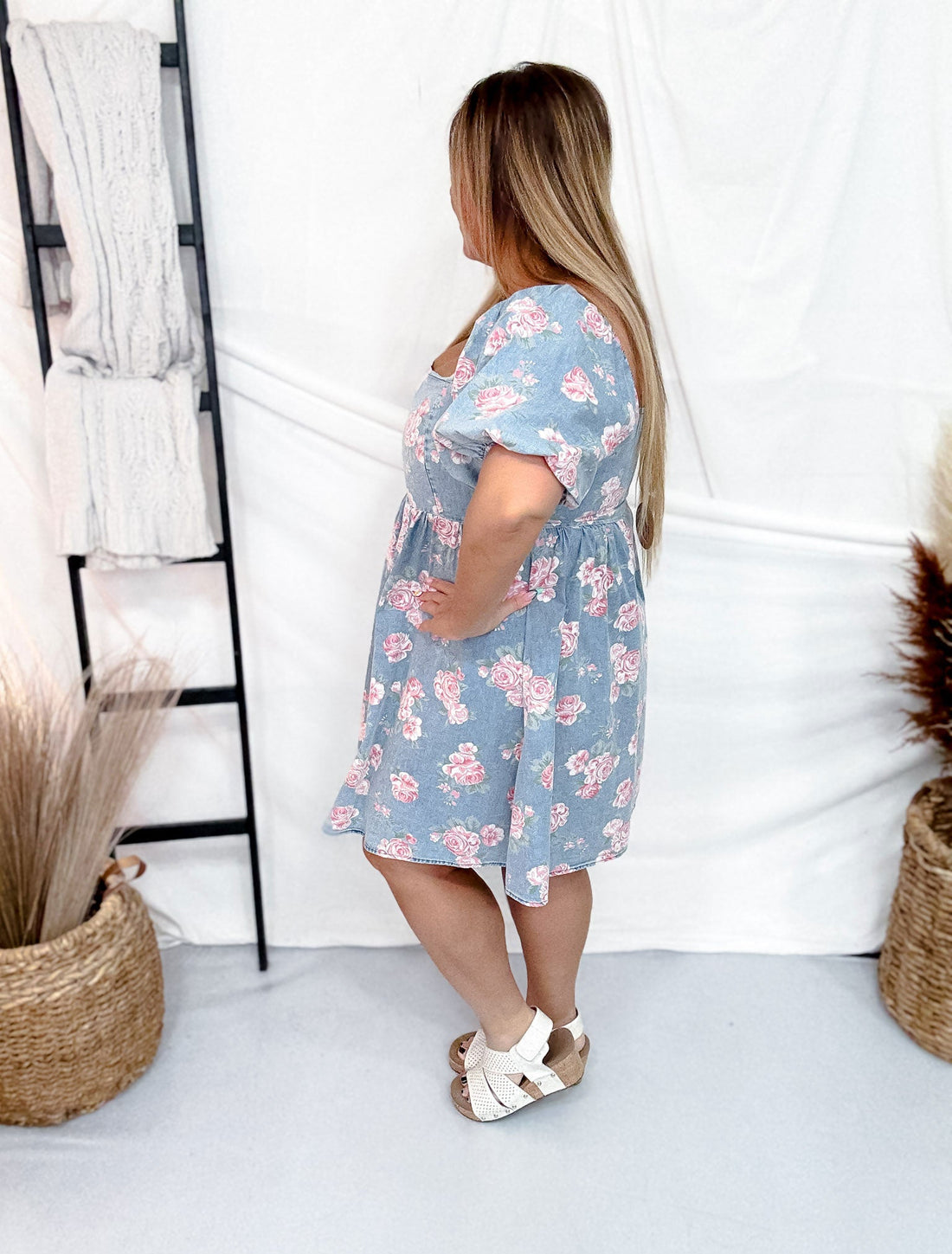 Floral Print Washed Denim Mini Dress With Balloon Sleeves - Whiskey Skies - BIBI