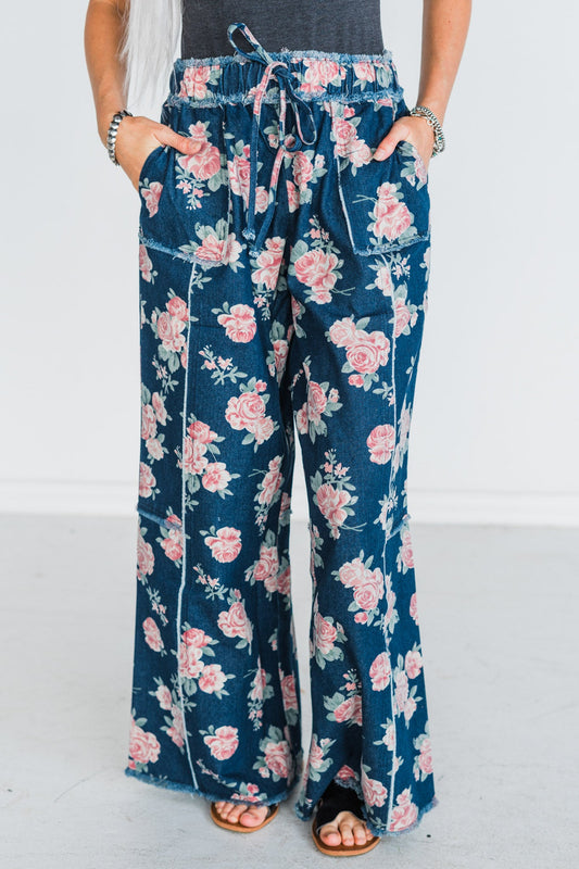Floral Print Washed Denim Raw Edge Detail Wide Leg Pants - Whiskey Skies - BIBI