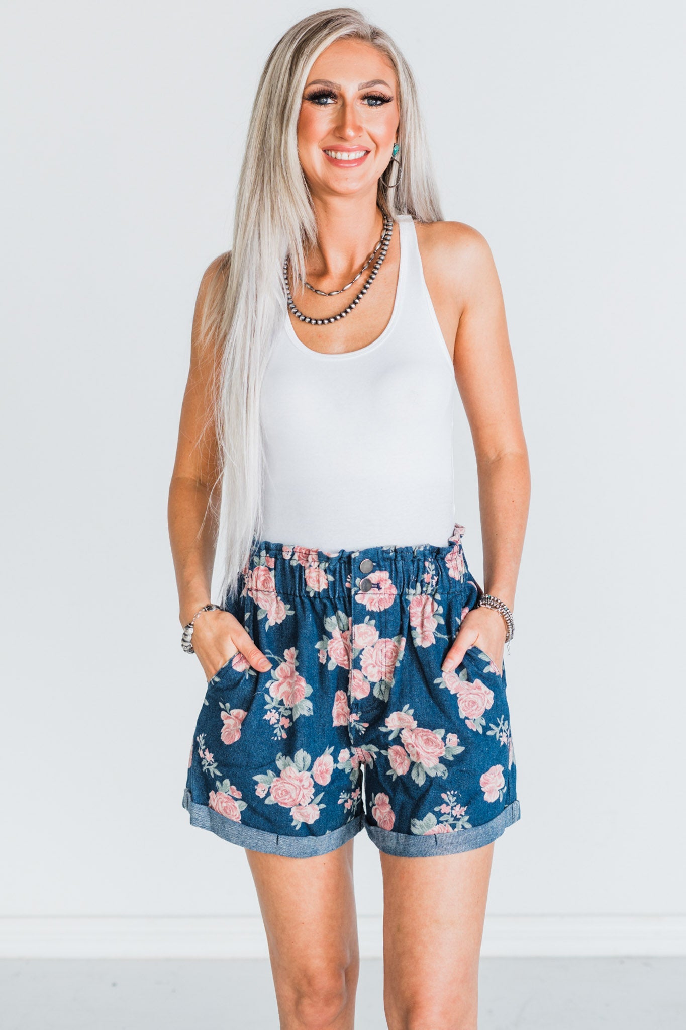 Floral Print Washed Denim Wide Leg Shorts W/ Drawstring - Whiskey Skies - BIBI