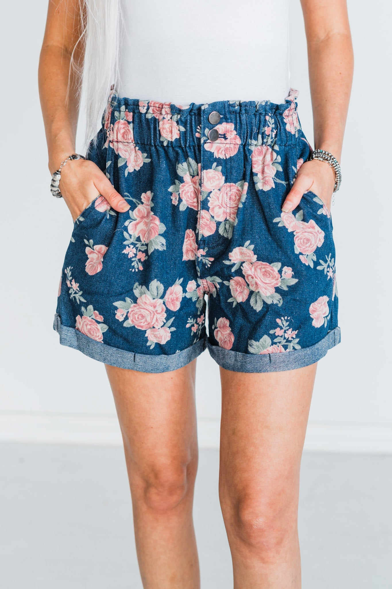 Floral Print Washed Denim Wide Leg Shorts W/ Drawstring - Whiskey Skies - BIBI