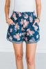 Floral Print Washed Denim Wide Leg Shorts W/ Drawstring - Whiskey Skies - BIBI