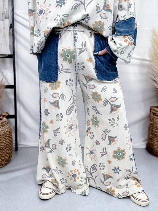 Floral Print Wide Leg Pants With Denim Patch Pockets - Whiskey Skies - EASEL