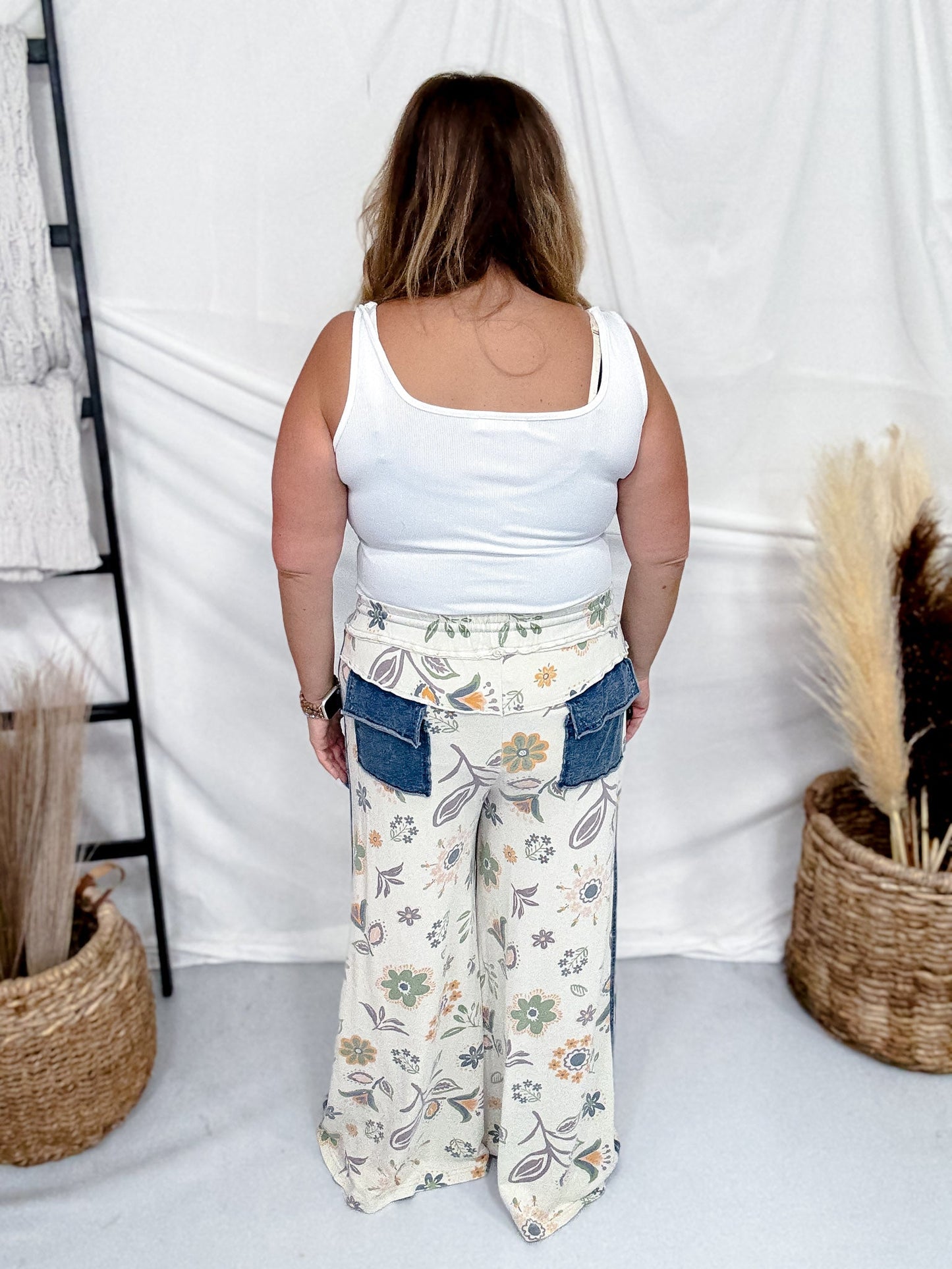 Floral Print Wide Leg Pants With Denim Patch Pockets - Whiskey Skies - EASEL