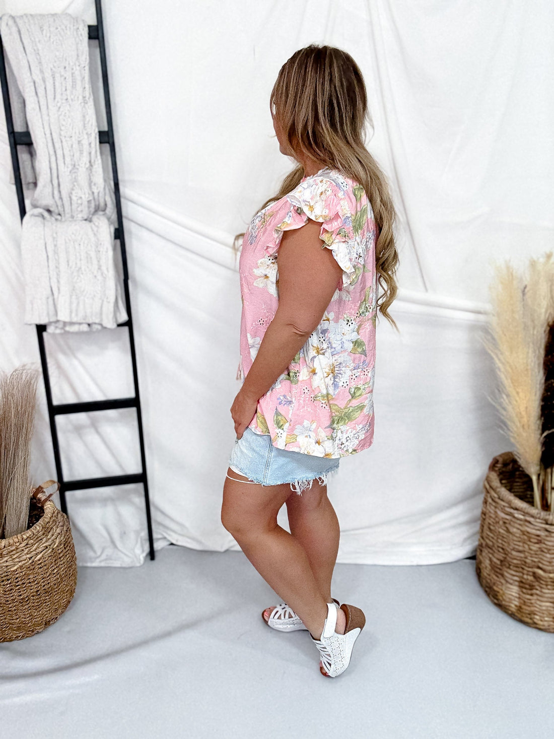 Floral Printed Blouse W/ Ruffle Cap Sleeves - Whiskey Skies - ODDI