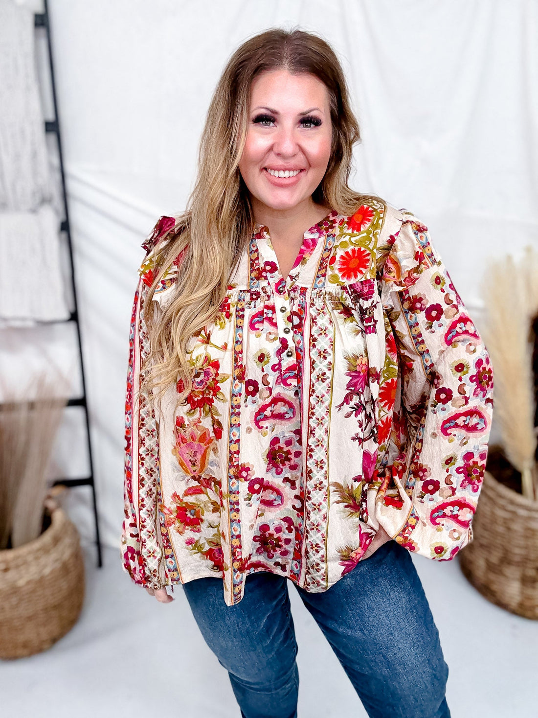 Floral Printed Blouse W/ Ruffled Yoke & Pleated Balloon Sleeves - Whiskey Skies - ODDI