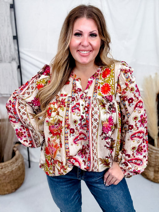 Floral Printed Blouse W/ Ruffled Yoke & Pleated Balloon Sleeves - Whiskey Skies - ODDI