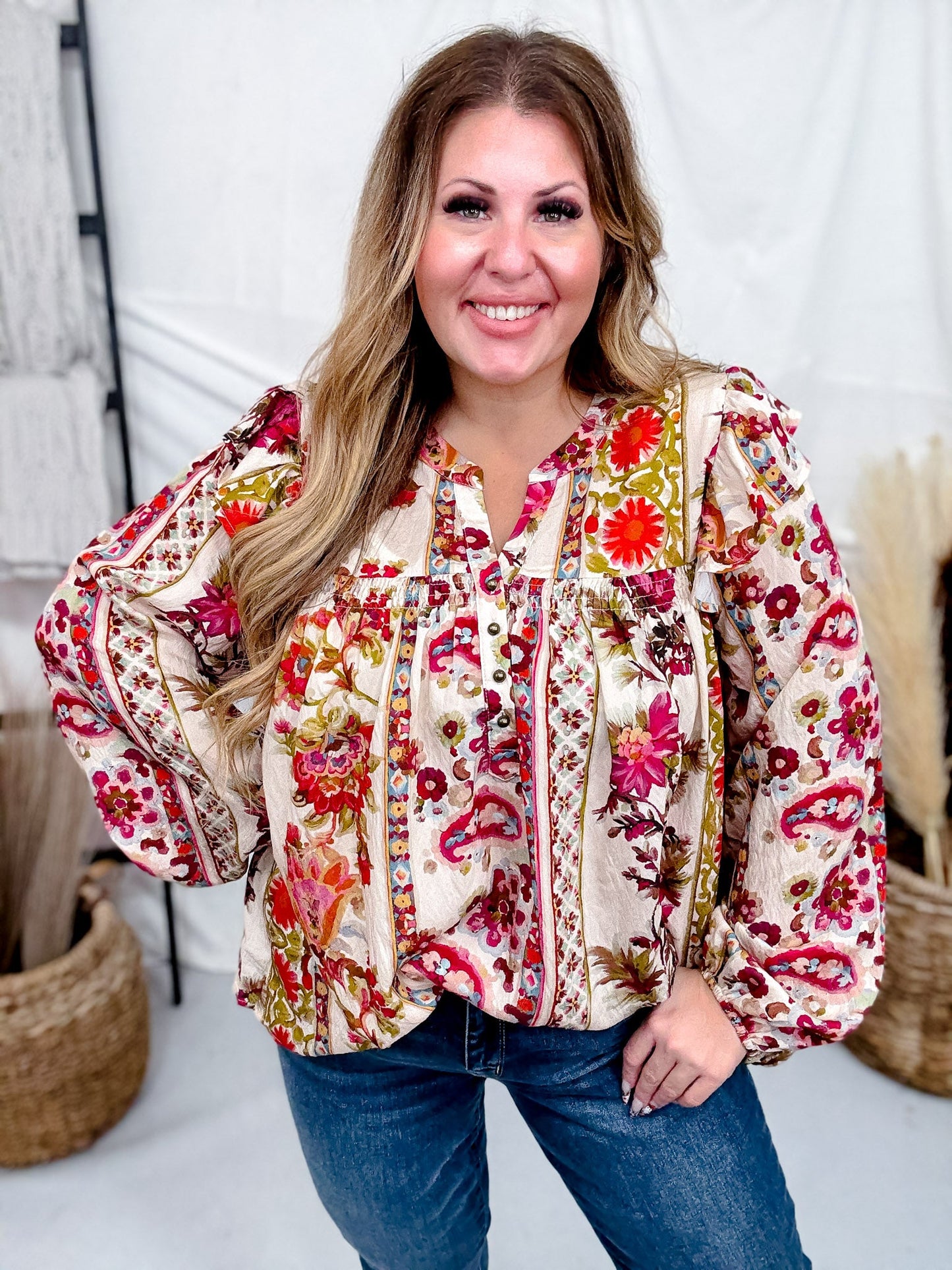 Floral Printed Blouse W/ Ruffled Yoke & Pleated Balloon Sleeves - Whiskey Skies - ODDI