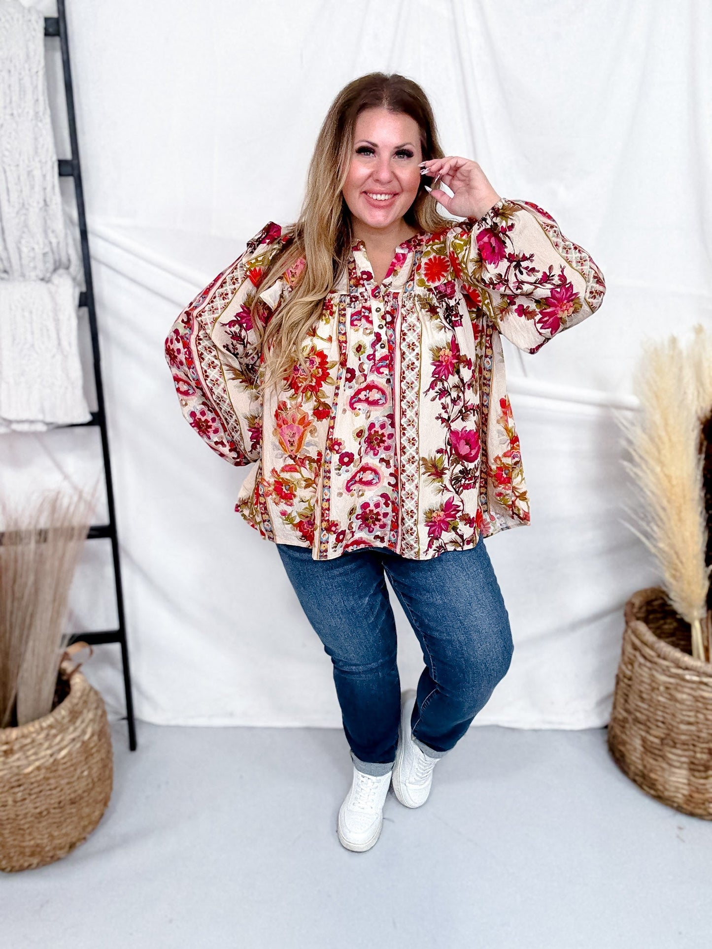 Floral Printed Blouse W/ Ruffled Yoke & Pleated Balloon Sleeves - Whiskey Skies - ODDI