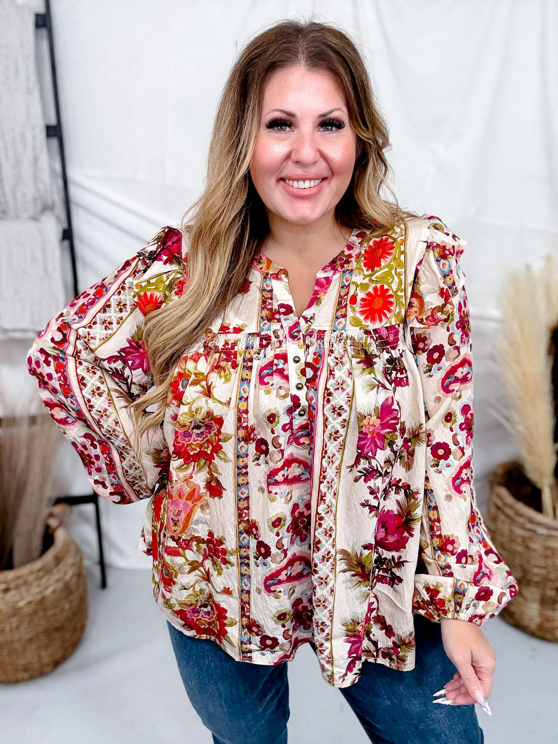 Floral Printed Blouse W/ Ruffled Yoke & Pleated Balloon Sleeves - Whiskey Skies - ODDI