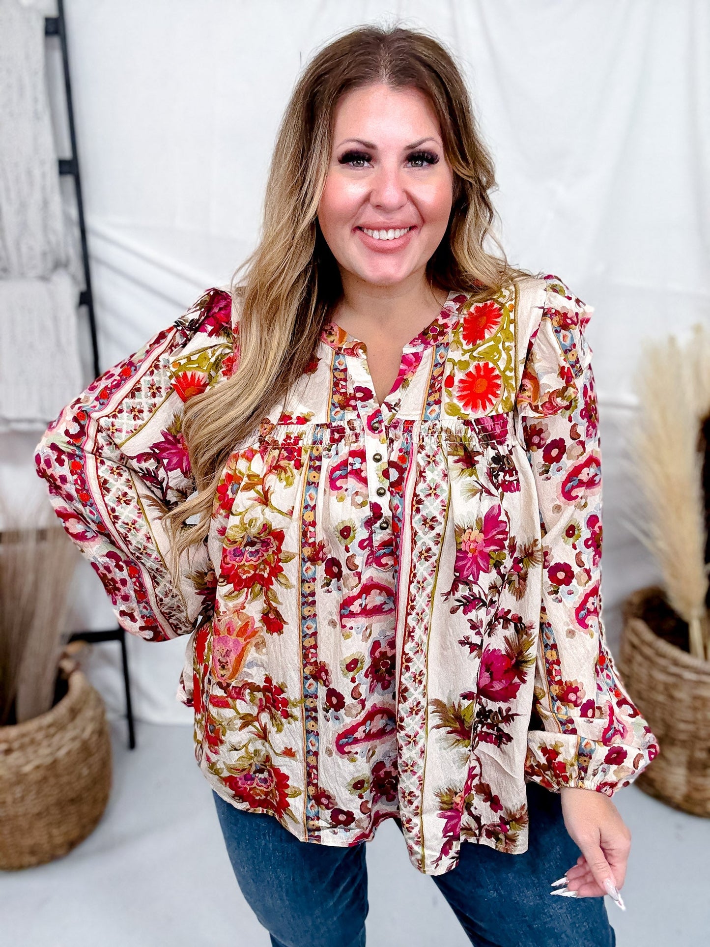 Floral Printed Blouse W/ Ruffled Yoke & Pleated Balloon Sleeves - Whiskey Skies - ODDI