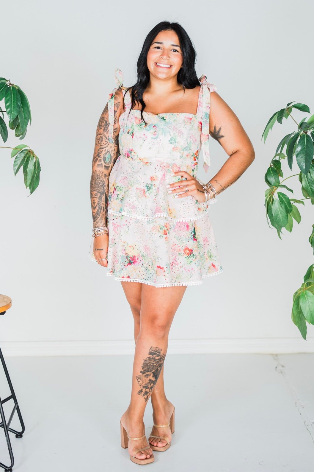 Floral Printed Eylet Flare Mini Dress - Whiskey Skies - SWEET GENERIS