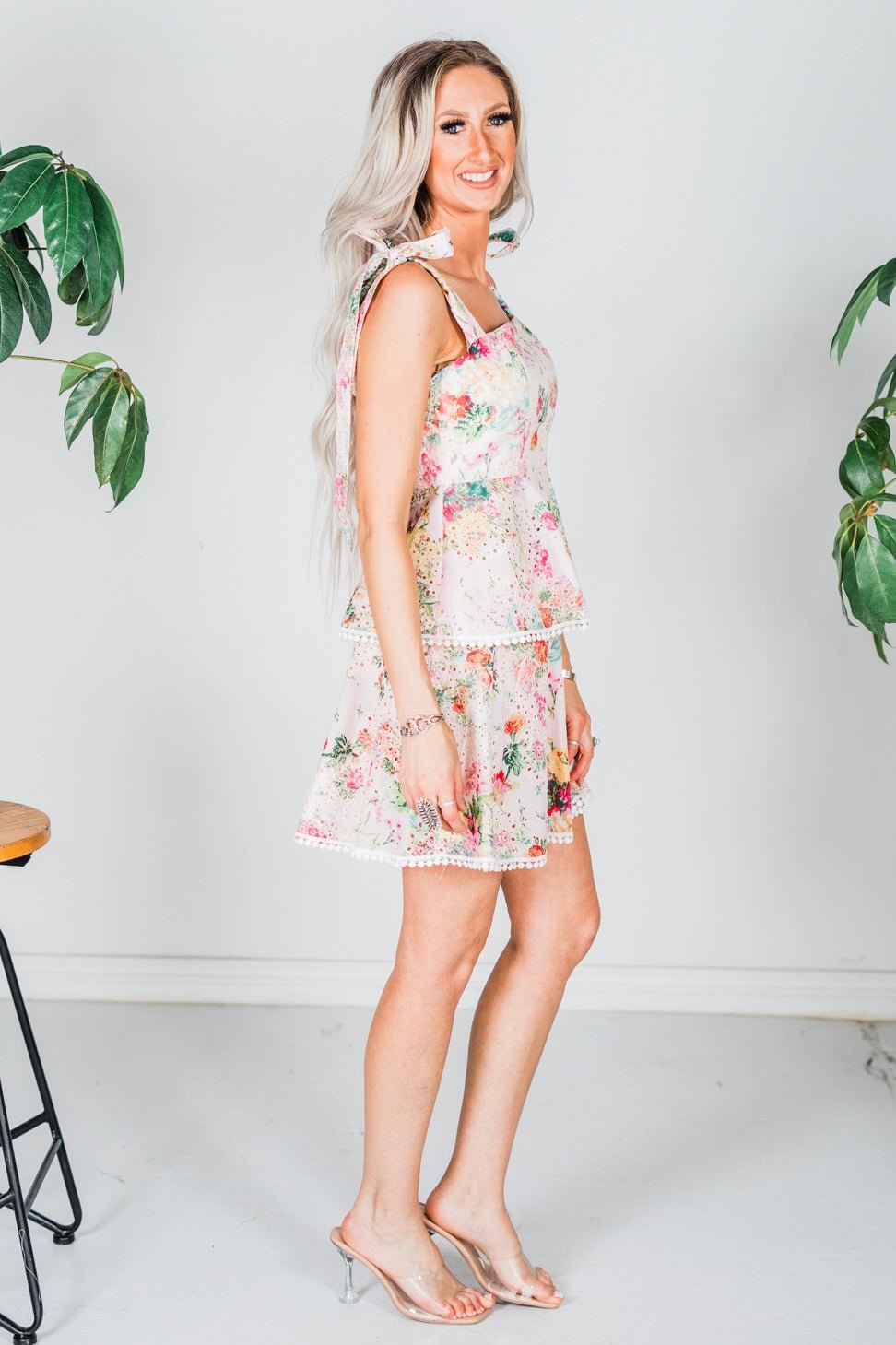 Floral Printed Eylet Flare Mini Dress - Whiskey Skies - SWEET GENERIS