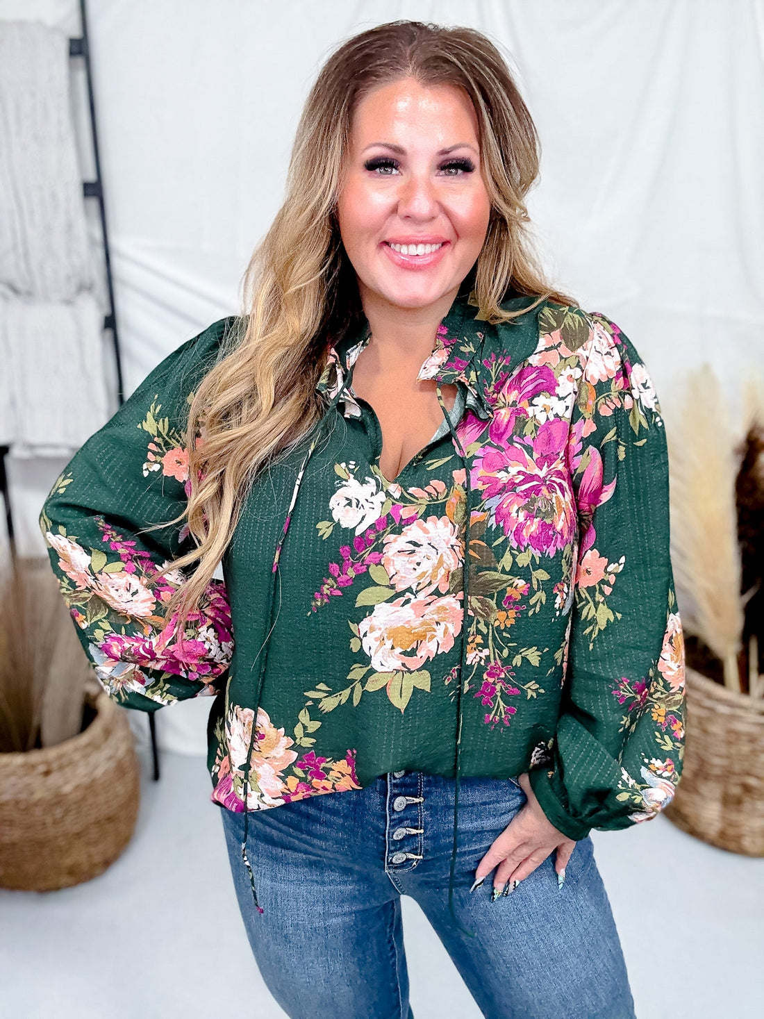 Floral Printed Forest Green Long Sleeve Blouse W/ Ruffled Neckline - Whiskey Skies - ODDI