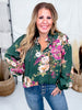 Floral Printed Forest Green Long Sleeve Blouse W/ Ruffled Neckline - Whiskey Skies - ODDI