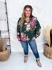 Floral Printed Forest Green Long Sleeve Blouse W/ Ruffled Neckline - Whiskey Skies - ODDI