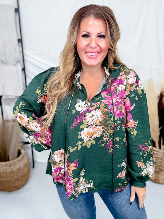 Floral Printed Forest Green Long Sleeve Blouse W/ Ruffled Neckline - Whiskey Skies - ODDI