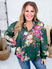 Floral Printed Forest Green Long Sleeve Blouse W/ Ruffled Neckline - Whiskey Skies - ODDI