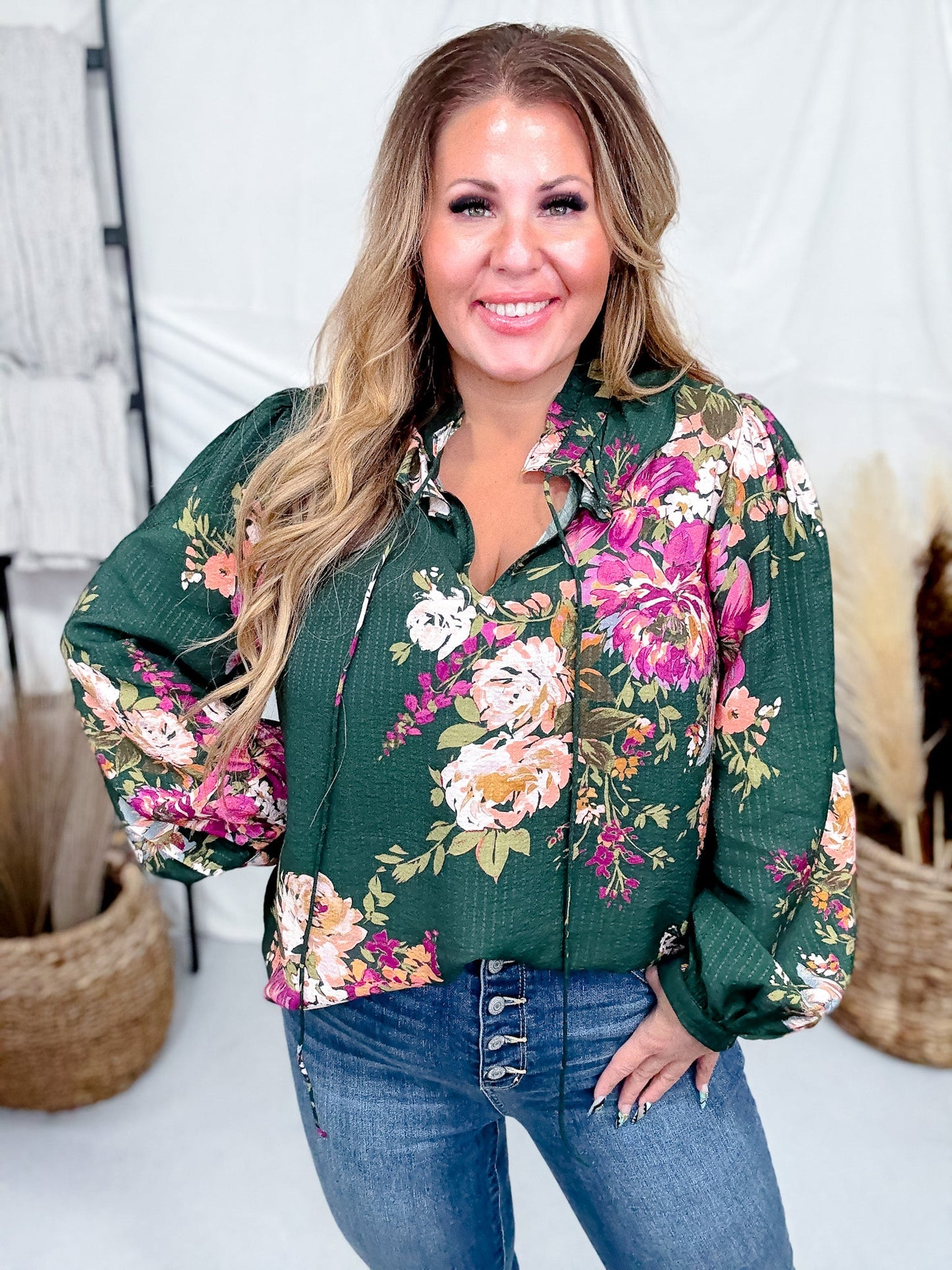 Floral Printed Forest Green Long Sleeve Blouse W/ Ruffled Neckline - Whiskey Skies - ODDI