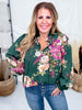 Floral Printed Forest Green Long Sleeve Blouse W/ Ruffled Neckline - Whiskey Skies - ODDI