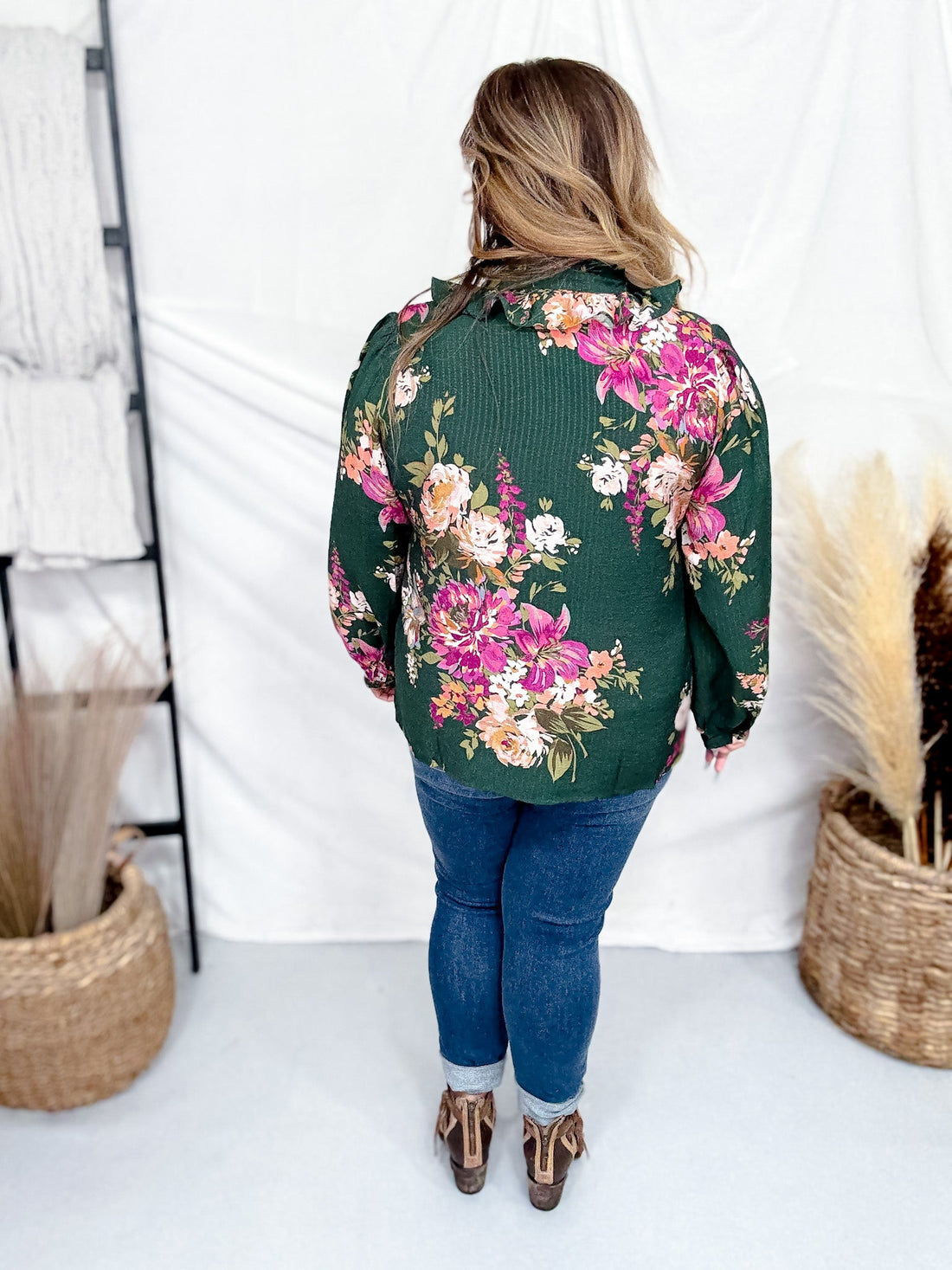 Floral Printed Forest Green Long Sleeve Blouse W/ Ruffled Neckline - Whiskey Skies - ODDI
