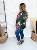 Floral Printed Forest Green Long Sleeve Blouse W/ Ruffled Neckline - Whiskey Skies - ODDI