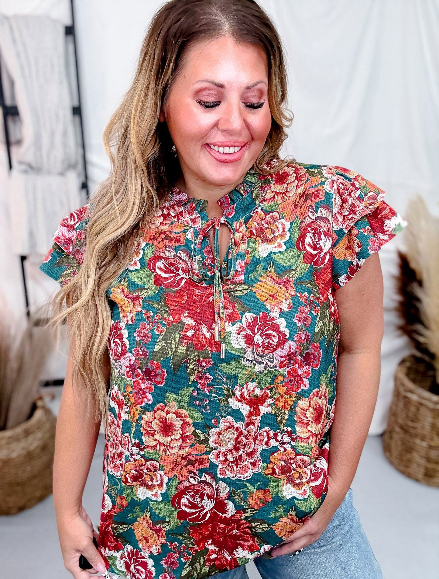 Floral Printed Short Flutter Sleeve Blouse - Whiskey Skies - ODDI