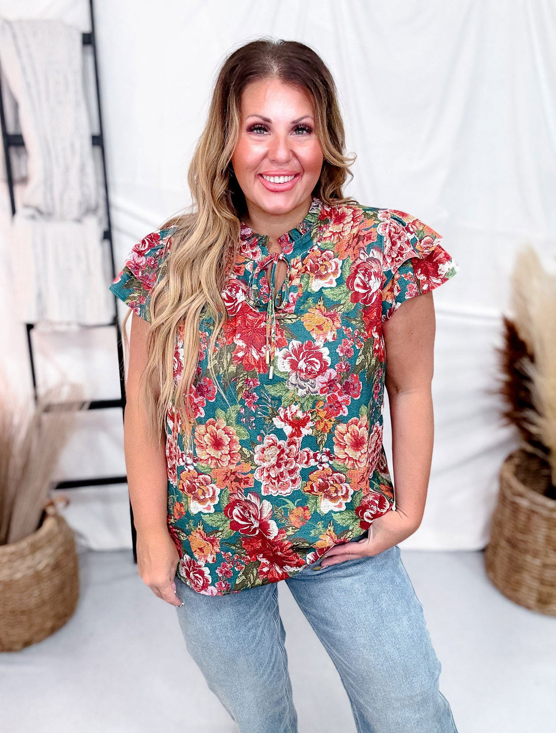 Floral Printed Short Flutter Sleeve Blouse - Whiskey Skies - ODDI