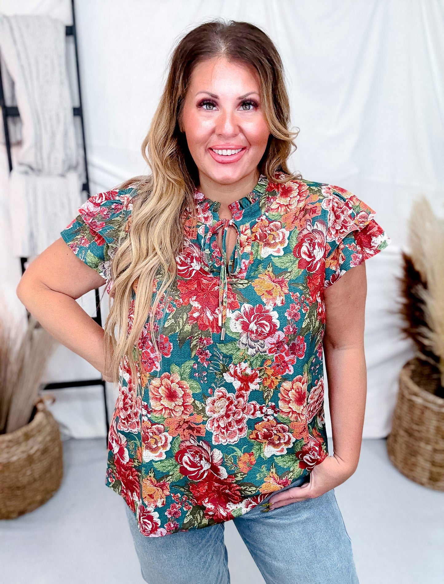 Floral Printed Short Flutter Sleeve Blouse - Whiskey Skies - ODDI