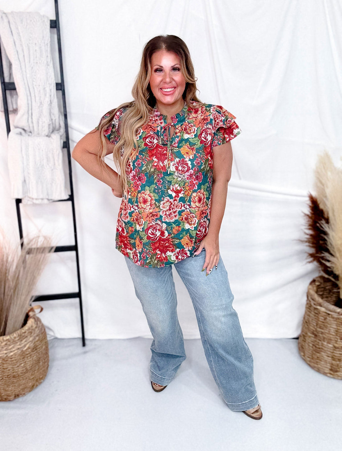 Floral Printed Short Flutter Sleeve Blouse - Whiskey Skies - ODDI