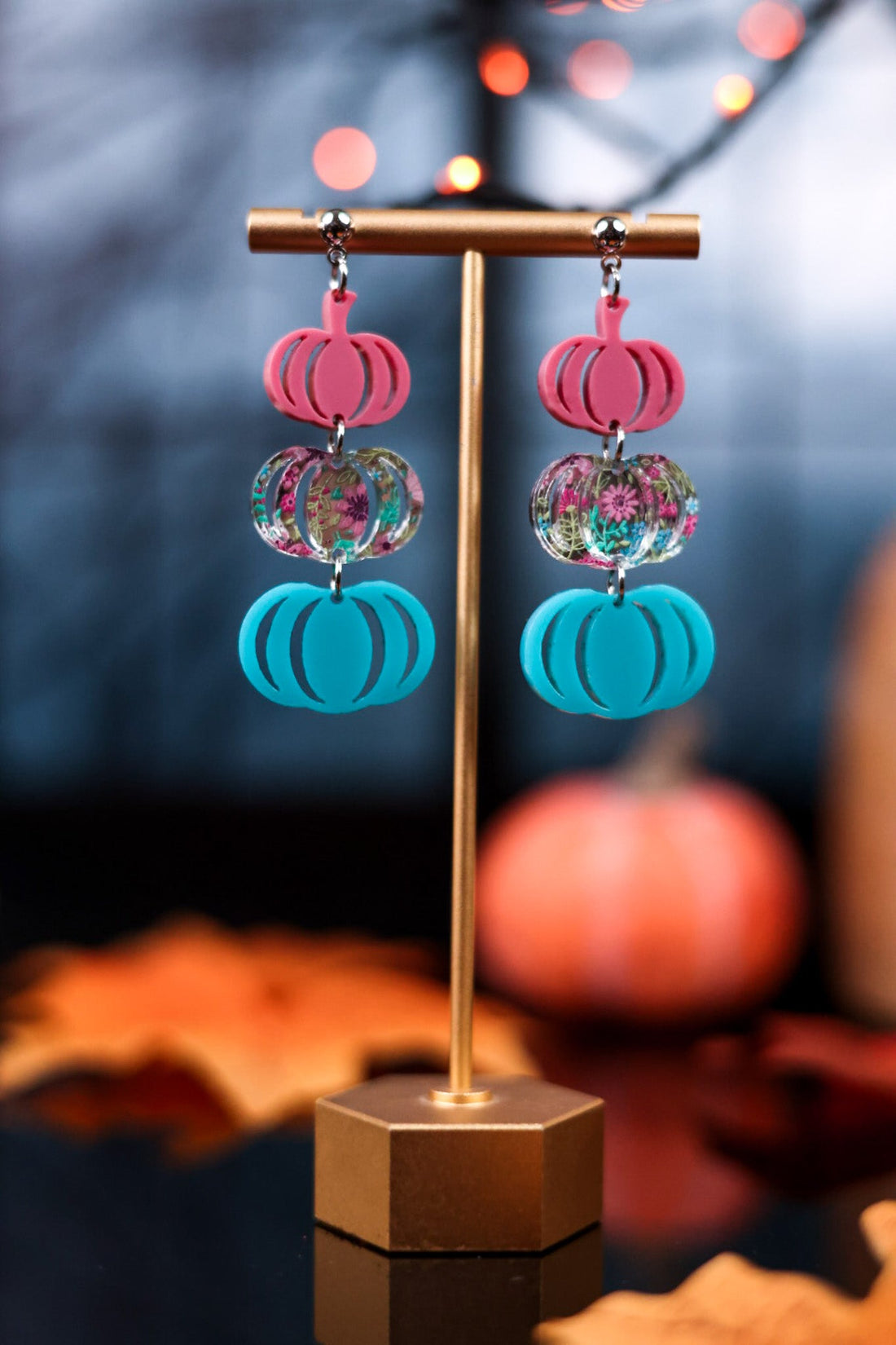 Floral Pumpkin Acrylic Dangler Earrings - Whiskey Skies - DOOHICKIES