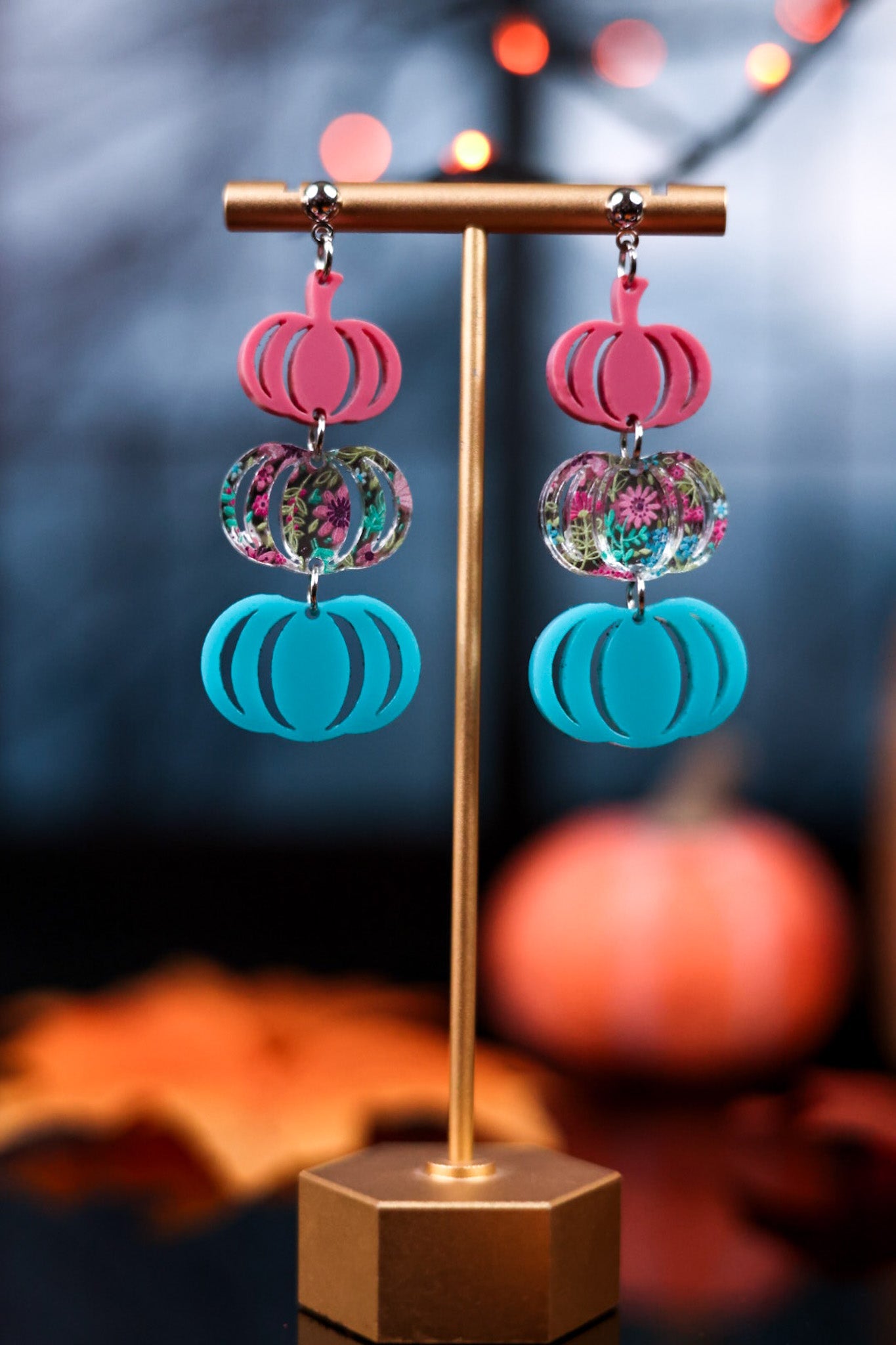 Floral Pumpkin Acrylic Dangler Earrings - Whiskey Skies - DOOHICKIES