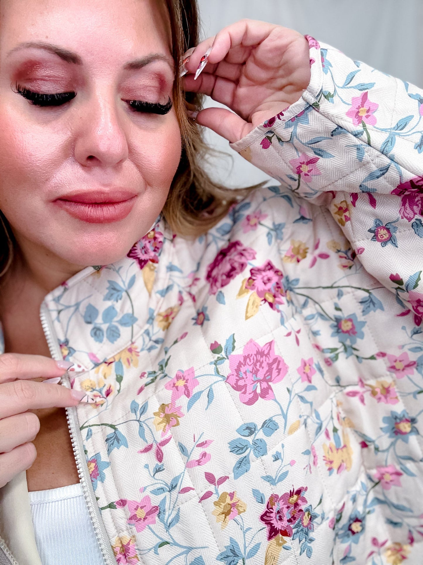 Floral Quilted Zip Up Jacket - Whiskey Skies - J.NNA