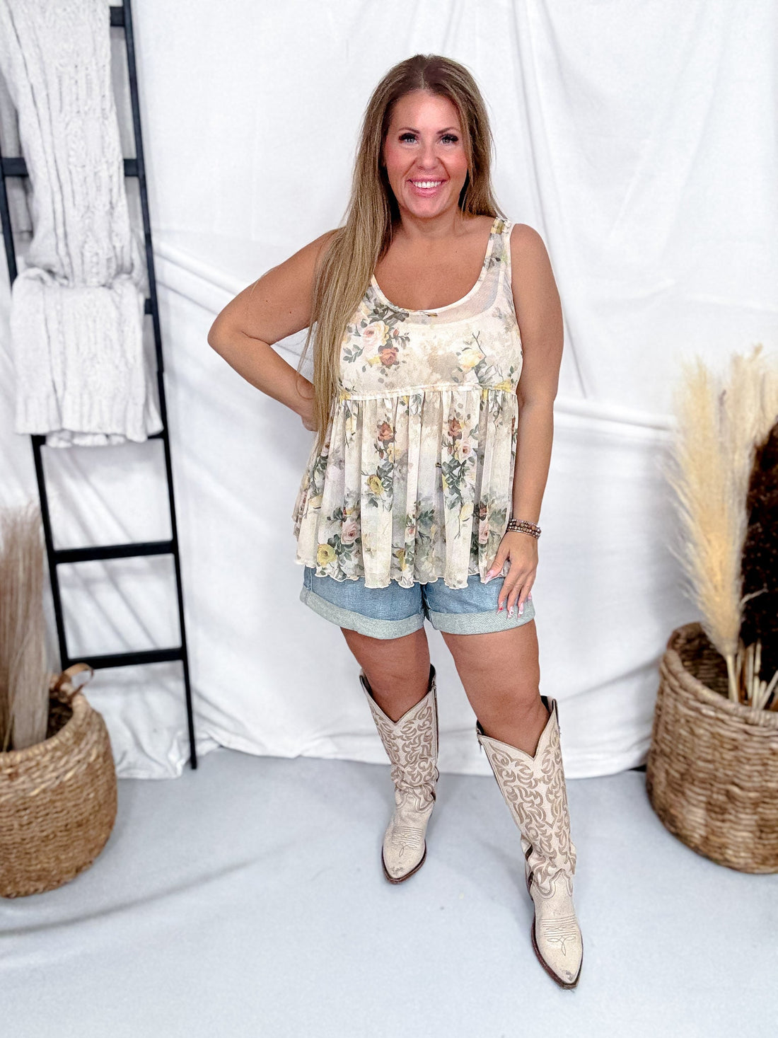 Floral Scoop Neck Mesh Tank Top - Whiskey Skies - SEW IN LOVE
