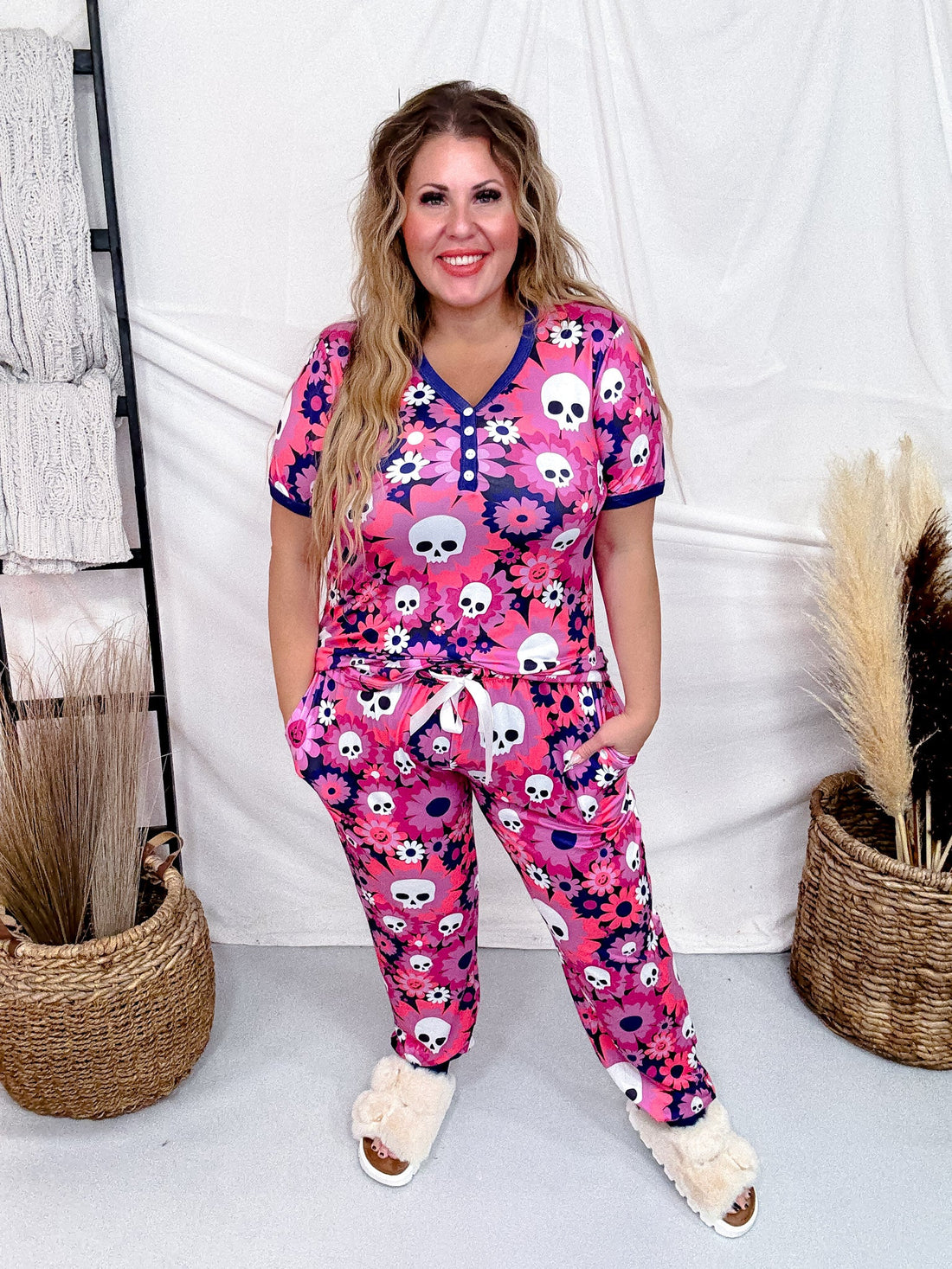 Floral Skulls Pajama Set With Short Sleeve Top & Joggers - Whiskey Skies - SHIRLEY & STONE