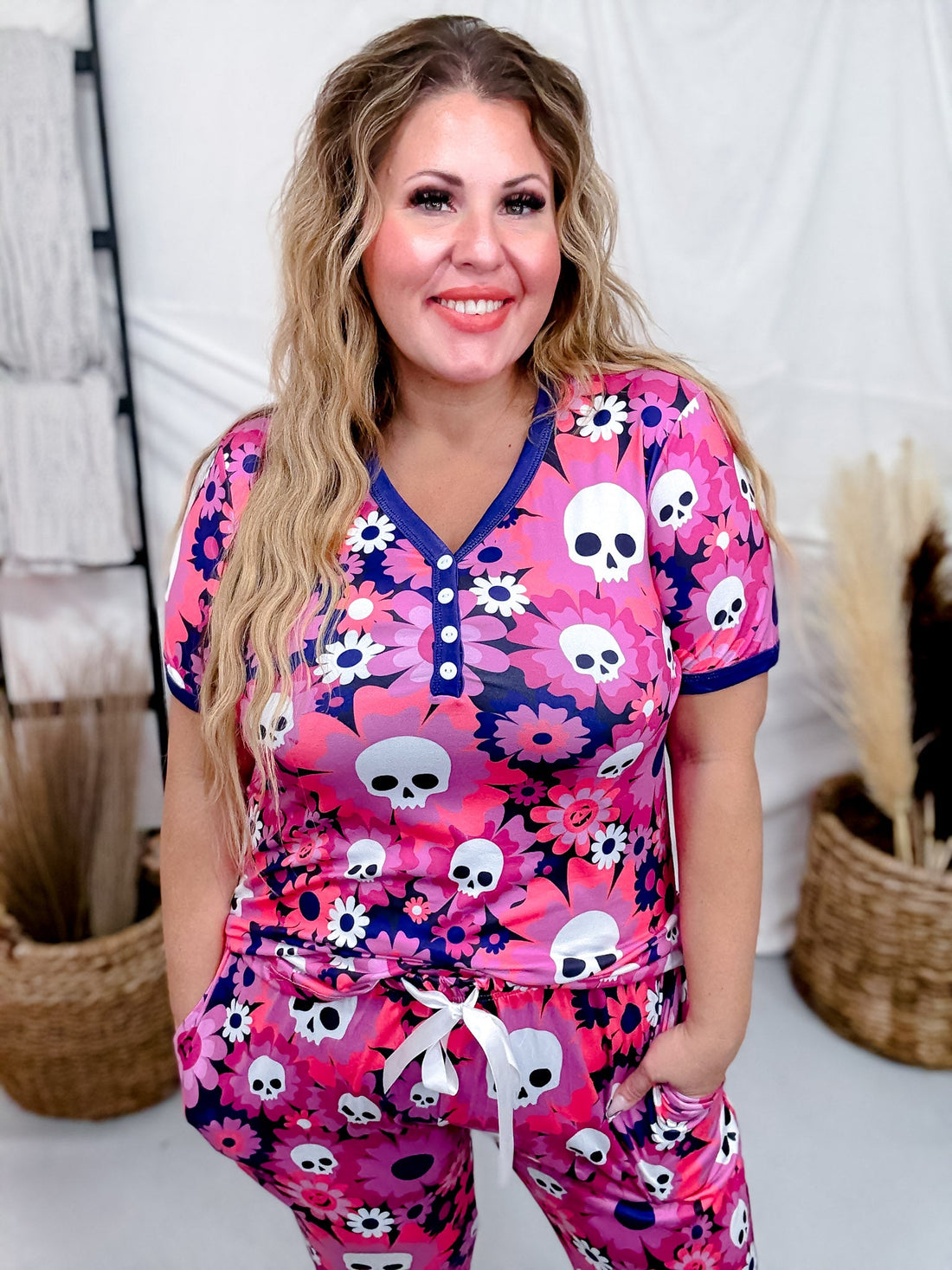 Floral Skulls Pajama Set With Short Sleeve Top & Joggers - Whiskey Skies - SHIRLEY & STONE