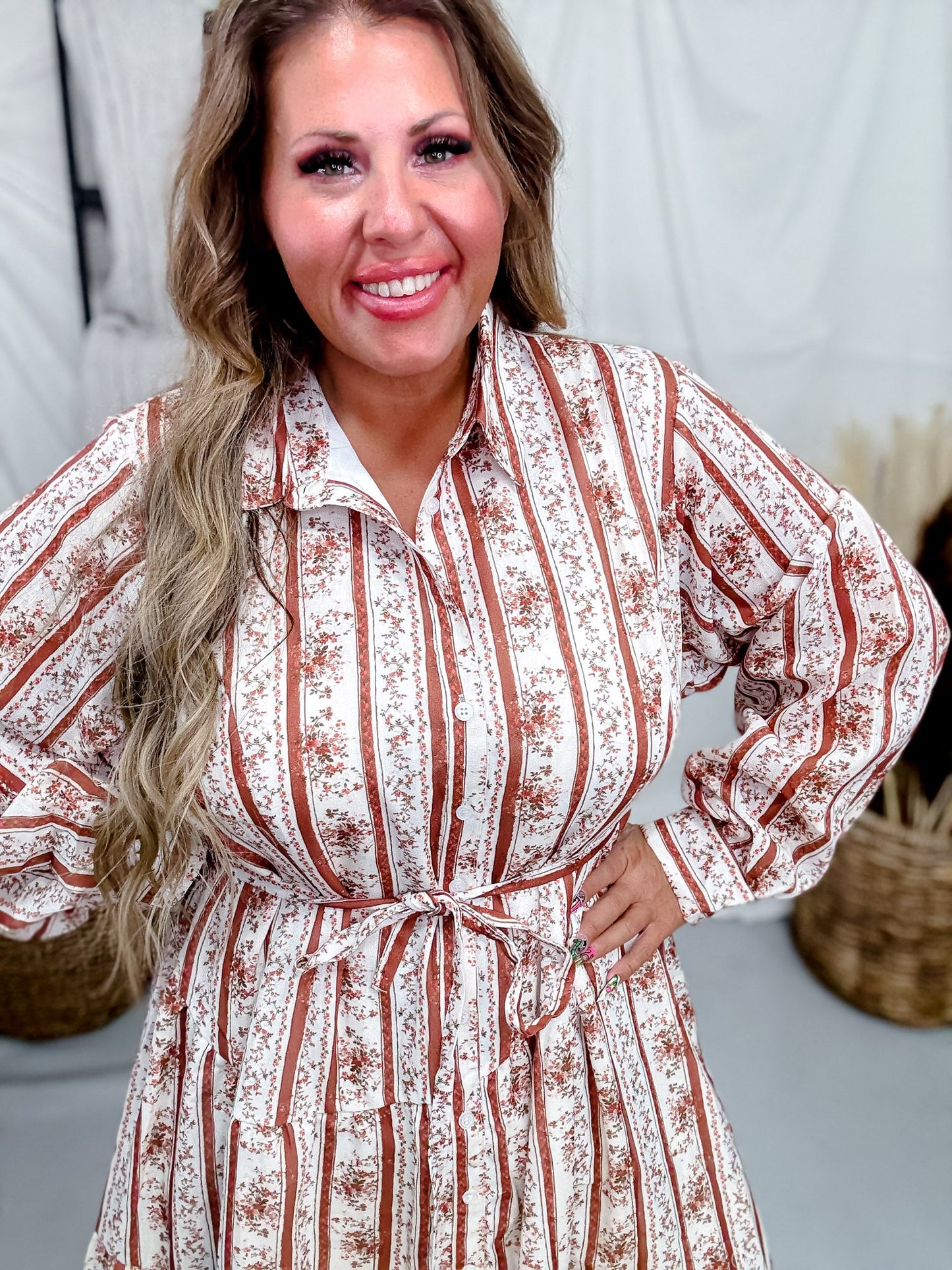 Floral Striped Midi Dress in Brown & White - Whiskey Skies - POLAGRAM + BAEVELY