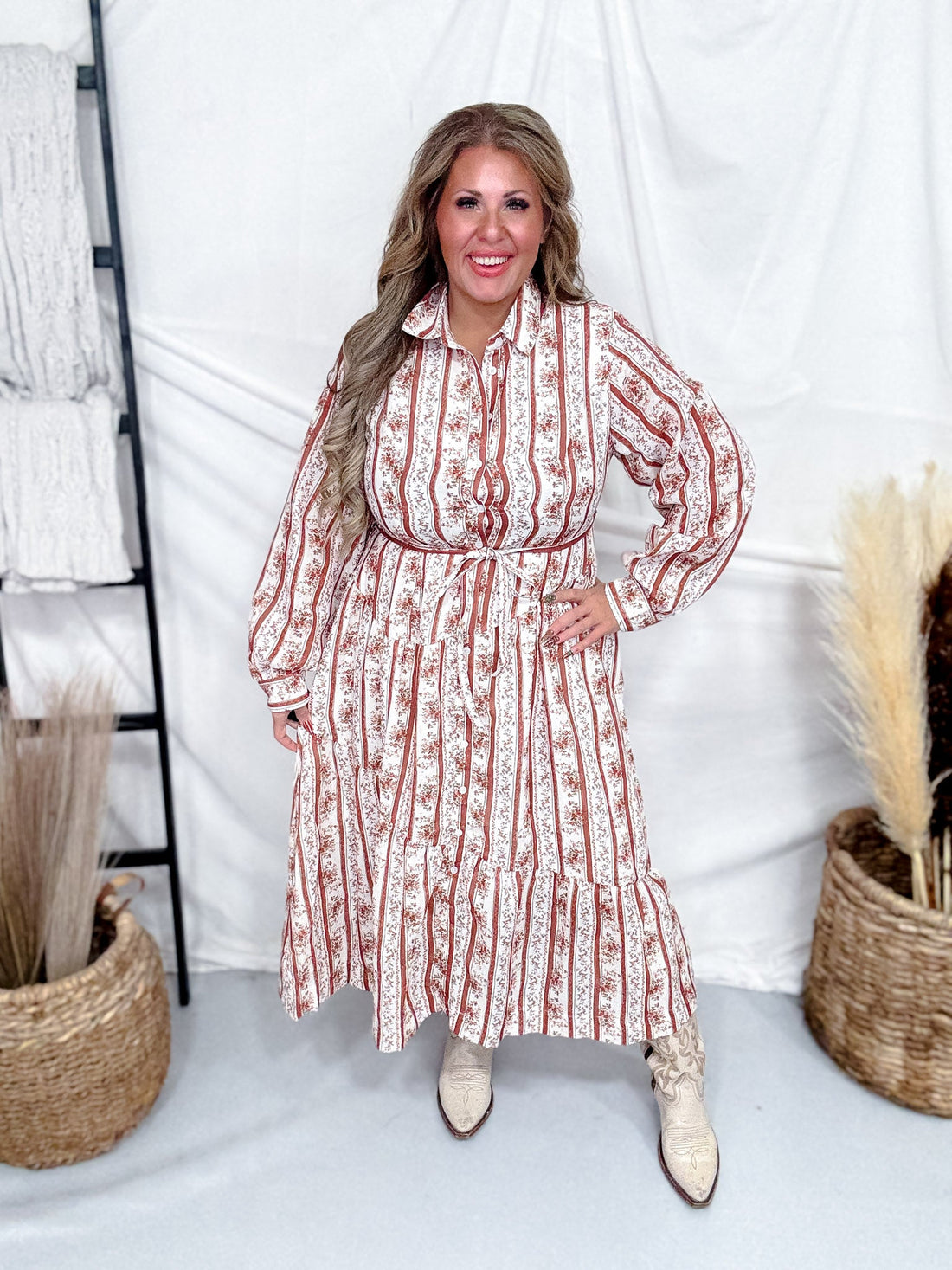 Floral Striped Midi Dress in Brown & White - Whiskey Skies - POLAGRAM + BAEVELY