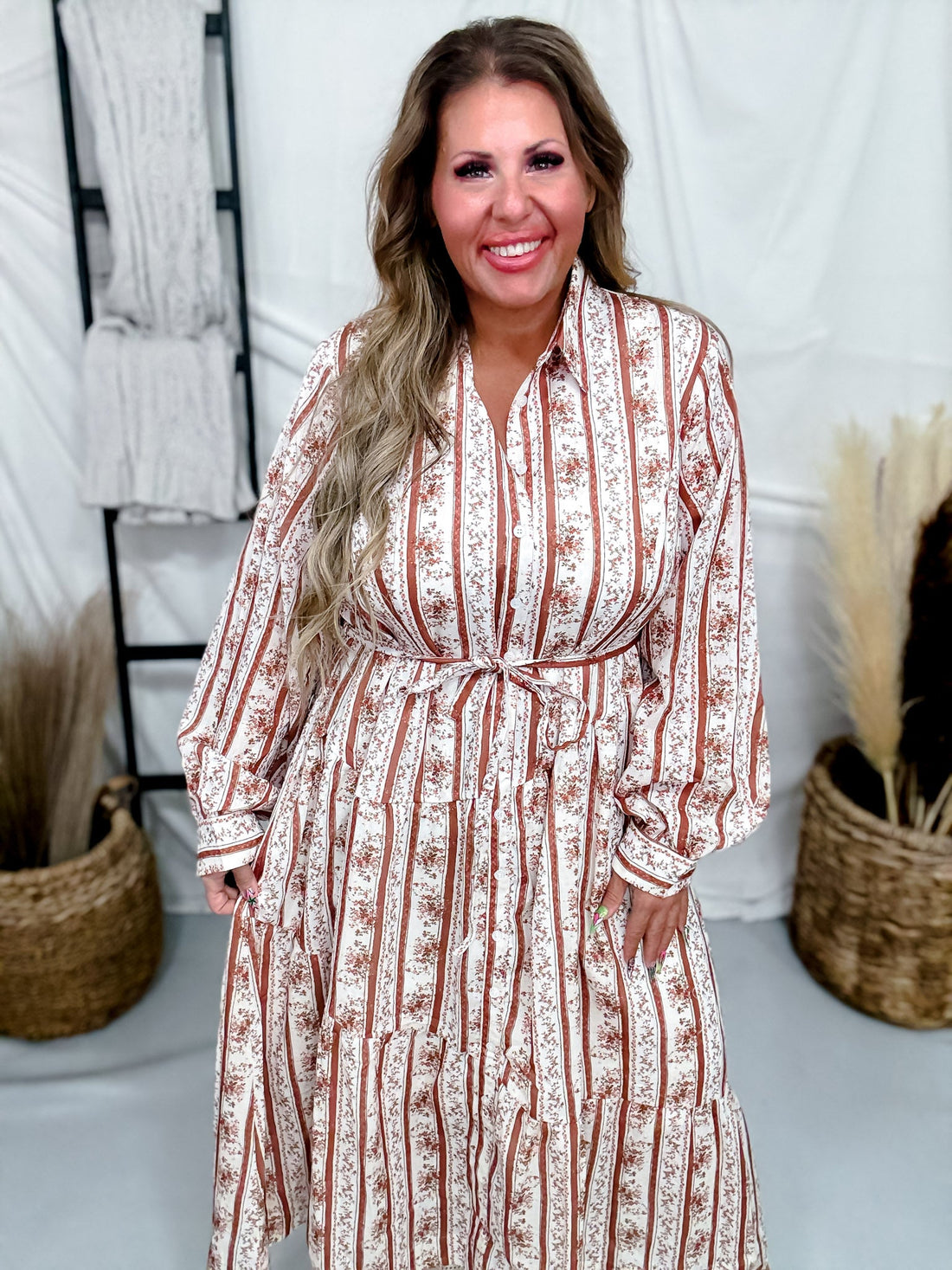 Floral Striped Midi Dress in Brown & White - Whiskey Skies - POLAGRAM + BAEVELY