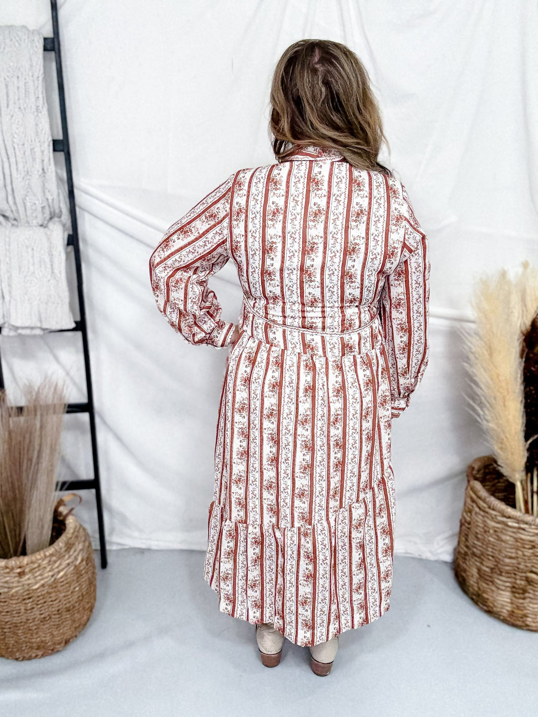 Floral Striped Midi Dress in Brown & White - Whiskey Skies - POLAGRAM + BAEVELY