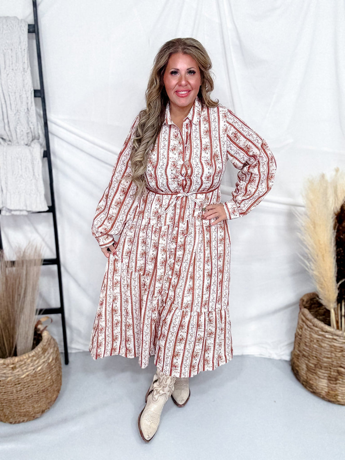 Floral Striped Midi Dress in Brown & White - Whiskey Skies - POLAGRAM + BAEVELY