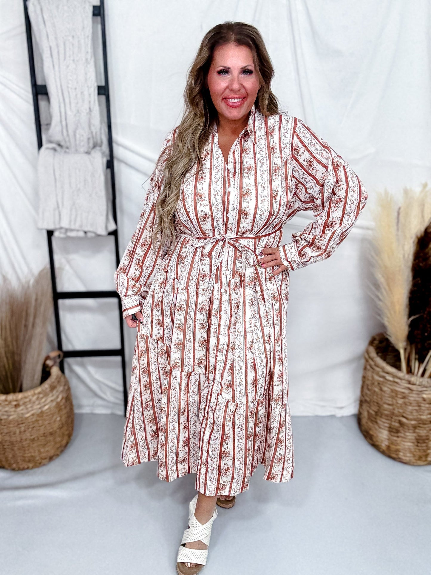 Floral Striped Midi Dress in Brown & White - Whiskey Skies - POLAGRAM + BAEVELY