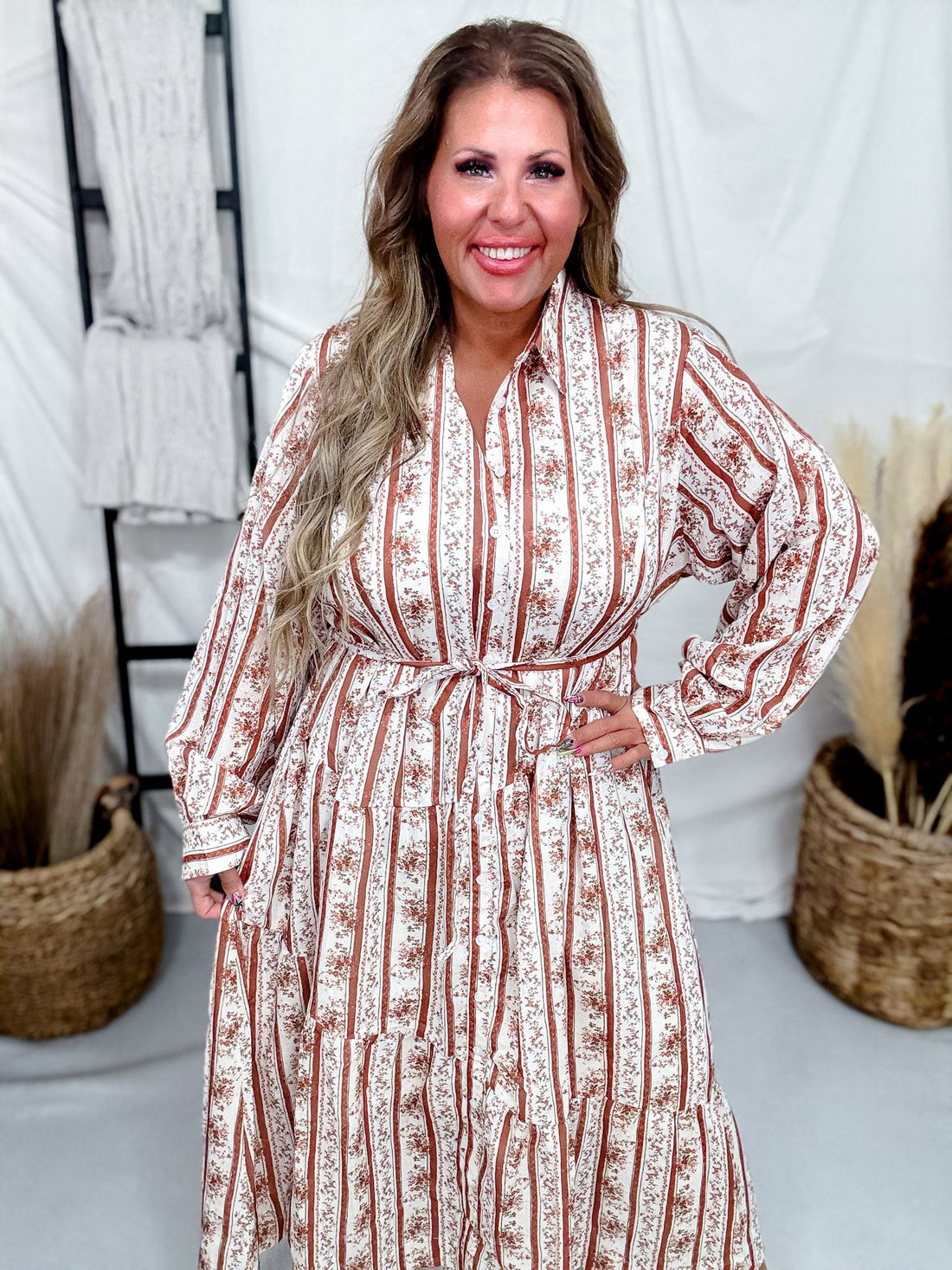 Floral Striped Midi Dress in Brown & White - Whiskey Skies - POLAGRAM + BAEVELY