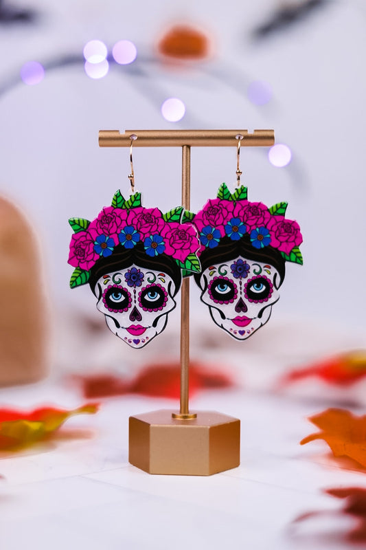 Floral Sugar Skull Woman Earrings - Whiskey Skies - PERIWINKLE BY BARLOW