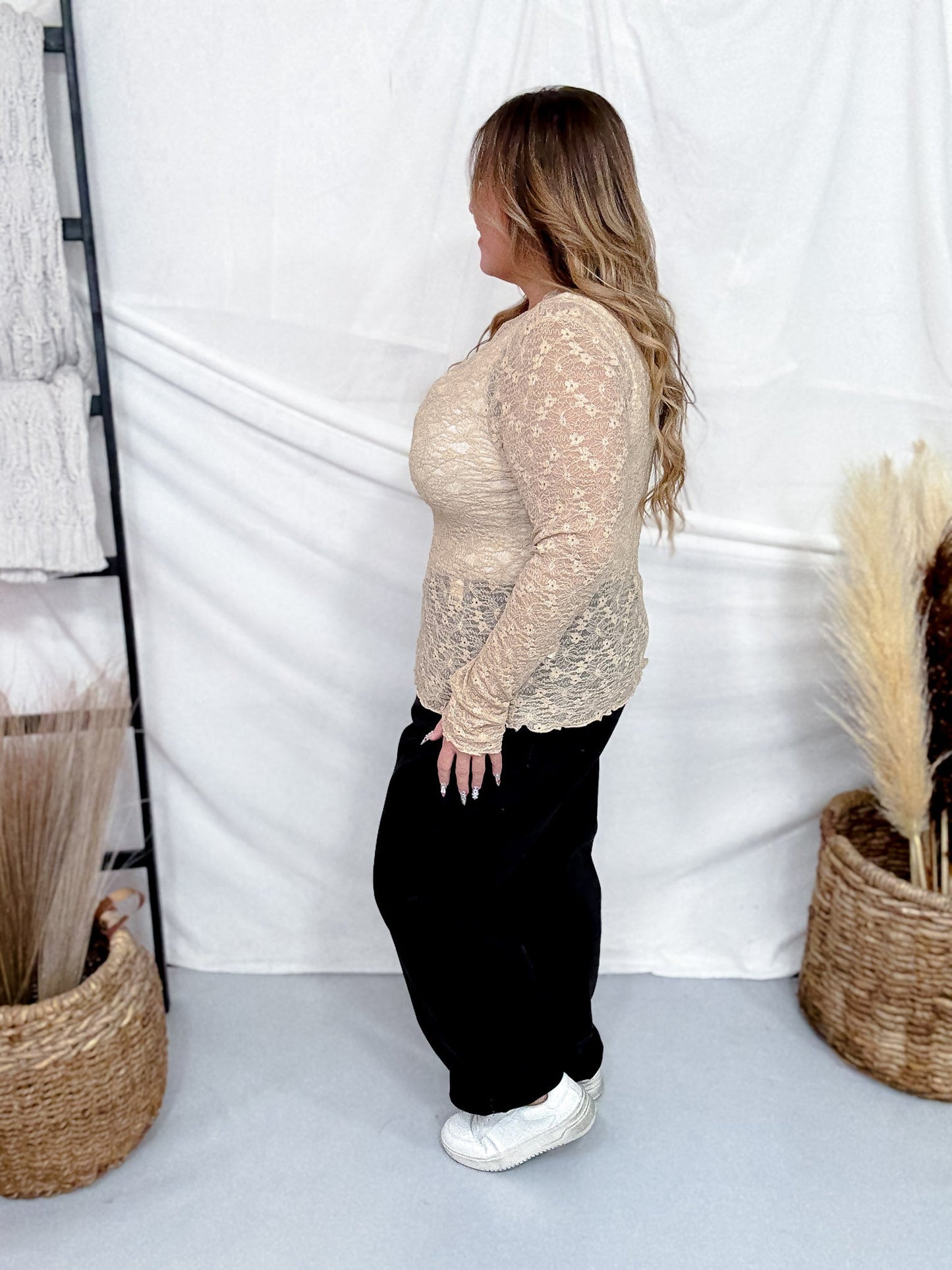 Floral Textured Mocha Mesh Long Sleeve Top - Whiskey Skies - DAVI & DANI