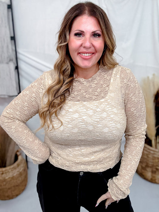 Floral Textured Mocha Mesh Long Sleeve Top - Whiskey Skies - DAVI & DANI