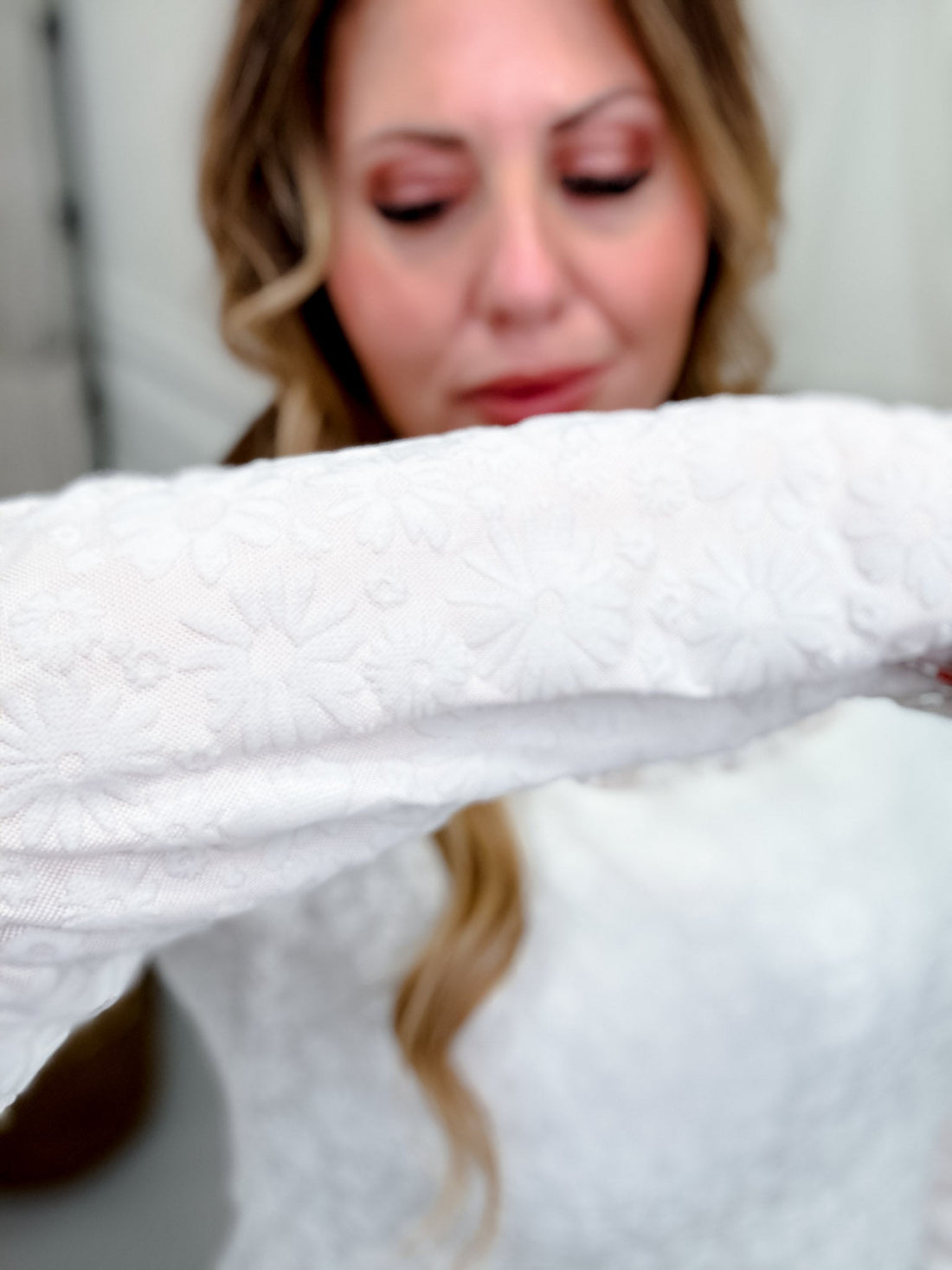 Floral Textured White Mesh Long Sleeve Top - Whiskey Skies - DAVI & DANI