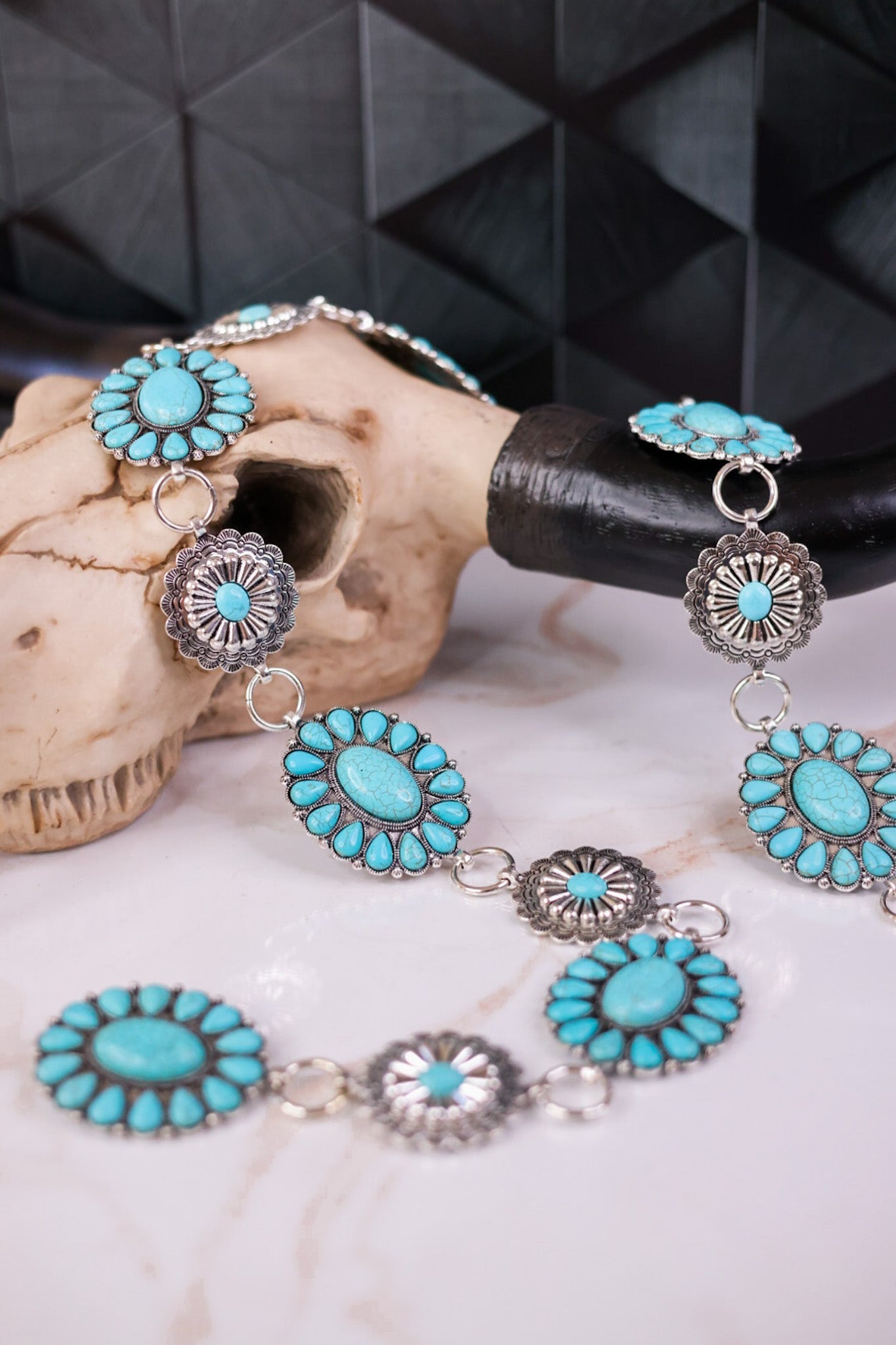 Floral Turquoise & Silver Concho Link Belt - Whiskey Skies - SOUTHERN GRACE