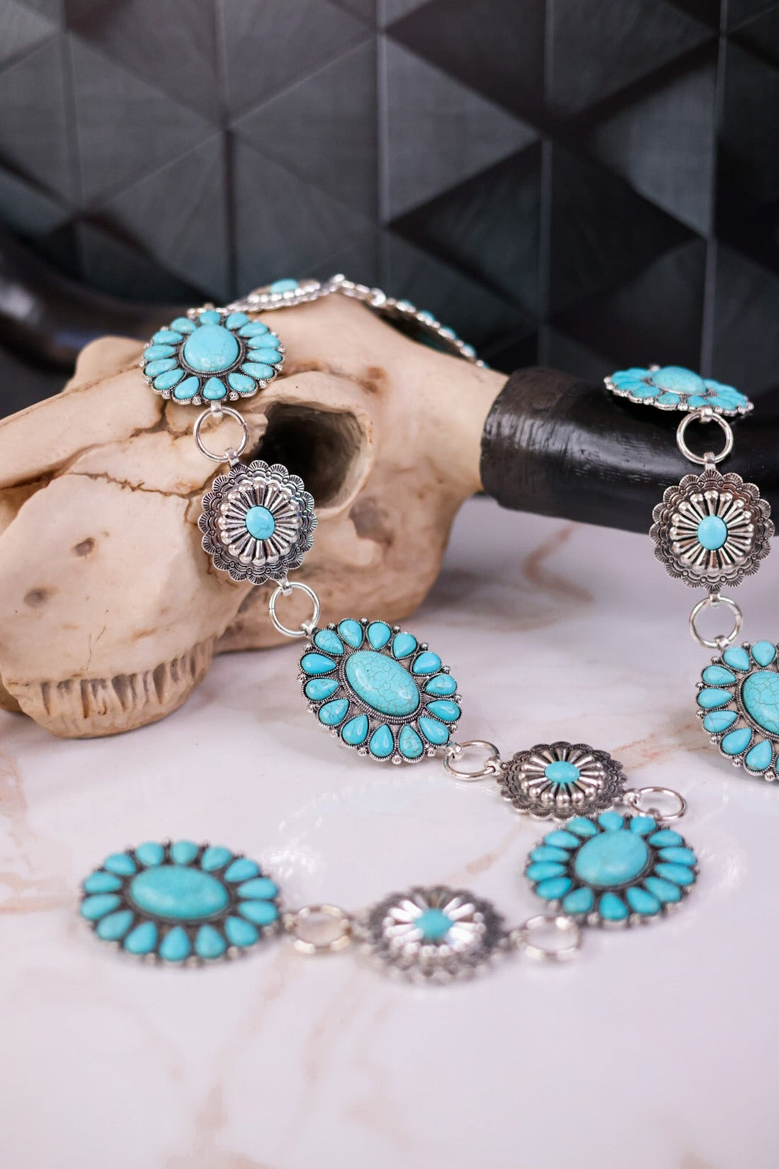 Floral Turquoise & Silver Concho Link Belt - Whiskey Skies - SOUTHERN GRACE